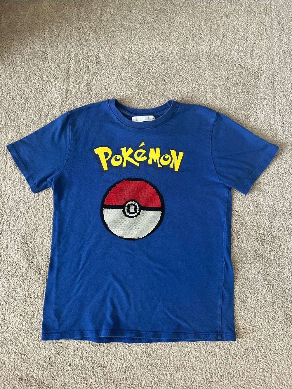 Zara Kids Boys Pokemon T-Shirt Blue Flip Sequin Pokeball Graphic Tee Size 9